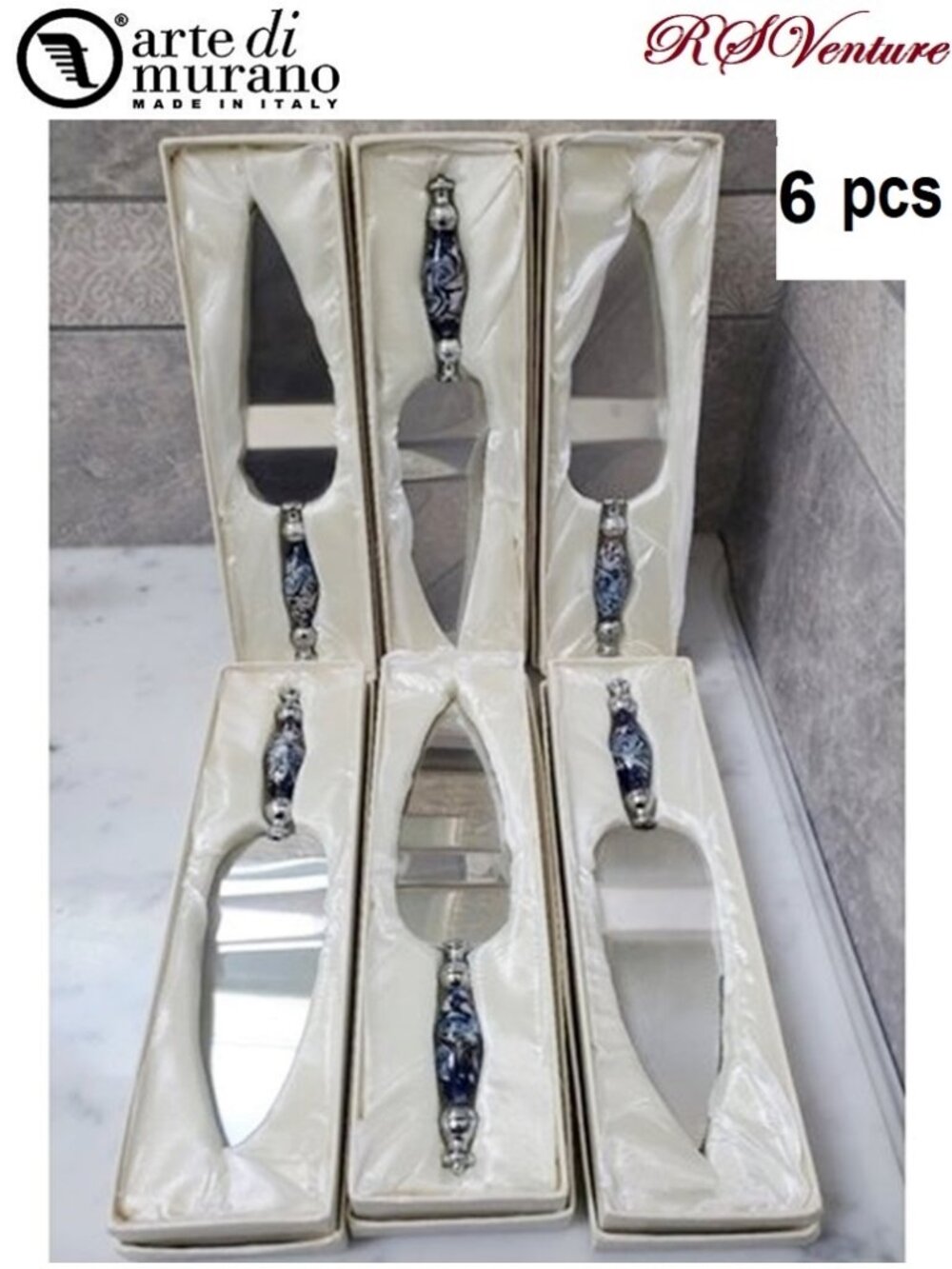 6 Murano Art Blue and White Cake Server Party Favor